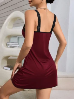 Women Lace Trim Spaghetti Strap Backless Design Elegant Nightgown