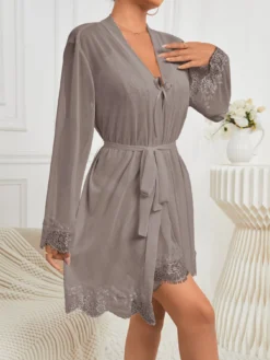 Women's Brown Plain Mesh Sheer Knee Length Sexy Nighty