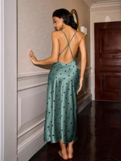 Women's Sexy Faux Silk Polka Dot Print Long Nighty