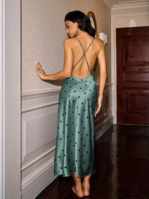 Women's Sexy Faux Silk Polka Dot Print Long Nighty