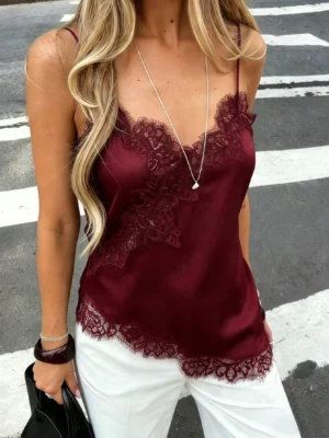 Women's Soft Satin V-Neck Asymmetrical Lace Trim Fitted Camisole